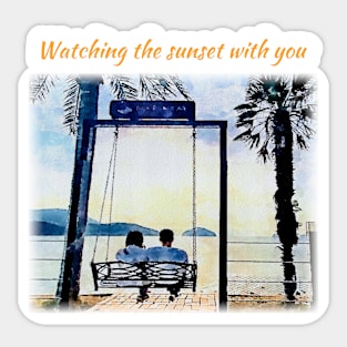 Watching the sunset with you (watercolor painting) Sticker